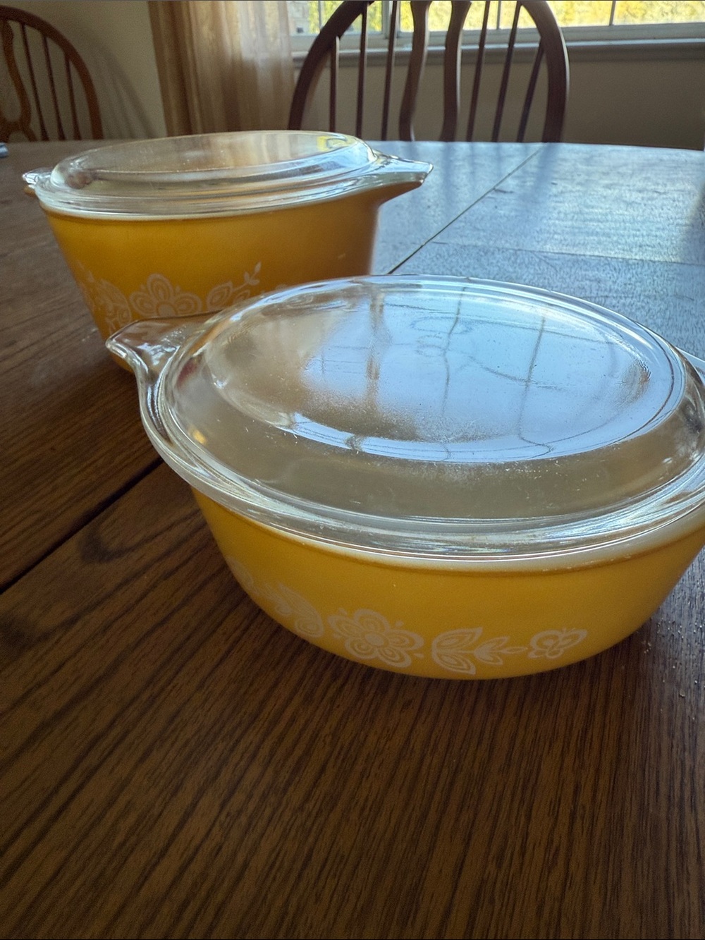 Pyrex Yellow Floral Glass Casserole Bowls with Clear Lids